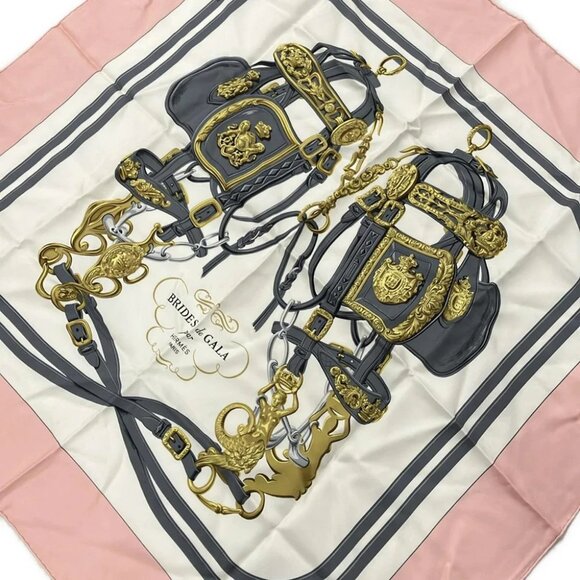 HERMES Carre 90 - Light Pink Dark Gray Gold Scarf - Picture 1 of 6